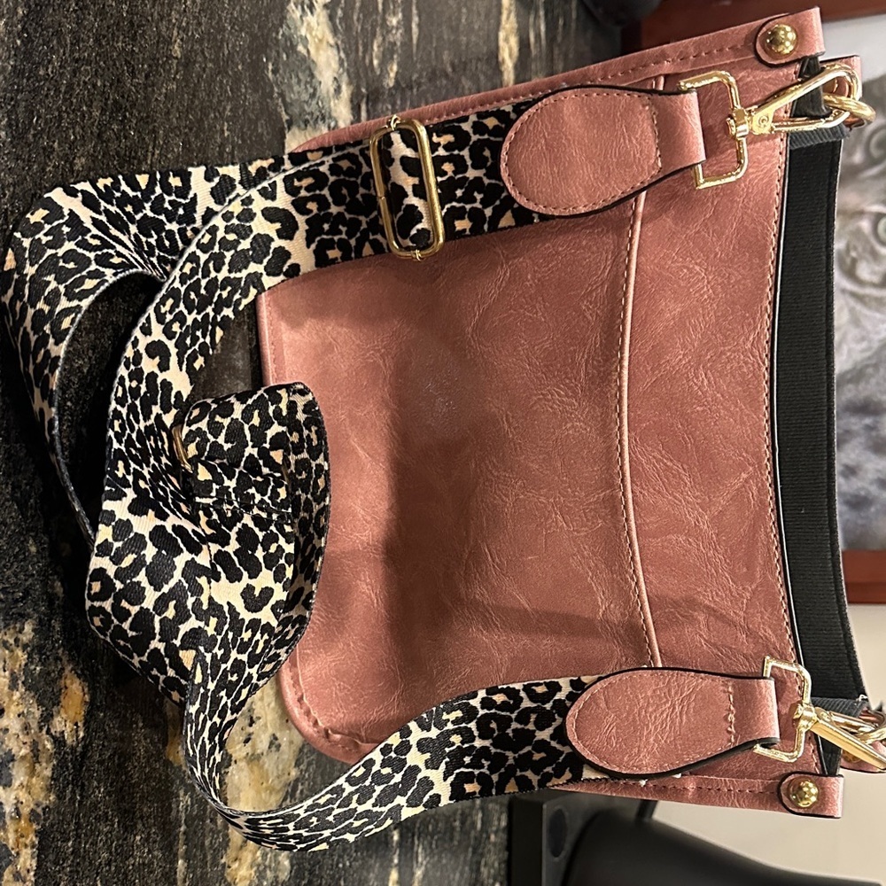 Pink Crossbody Bag with Animal Print Strap - Picture 2 of 5